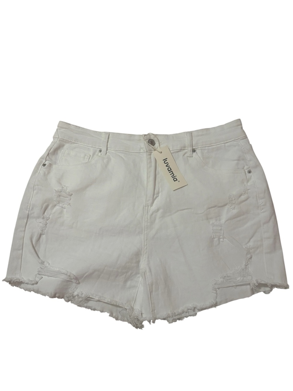 Luvamia White Distressed Denim Shorts XL Raw Hem Stretch Jean Shorts NWT